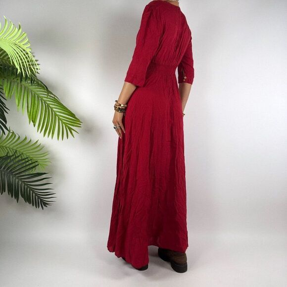 Women's Red Cottagecore Short Sleeve Boho Country Prairie Maxi Dress / XS - Picture 2 of 5